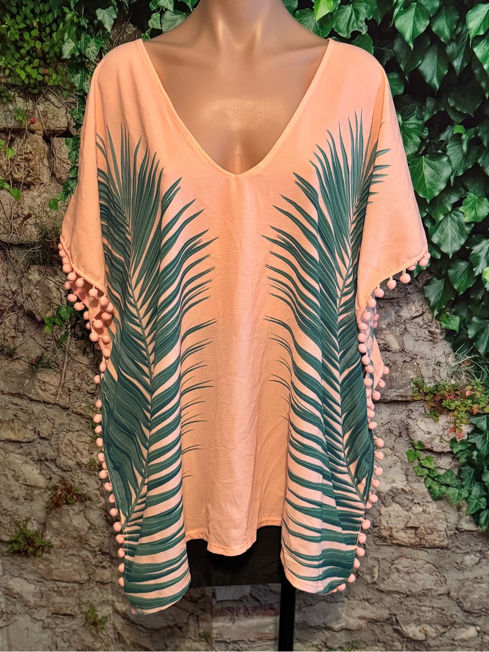 Fun Coral Palm-Print Swim Cover-Up Tunic with Fun PomPom Trim